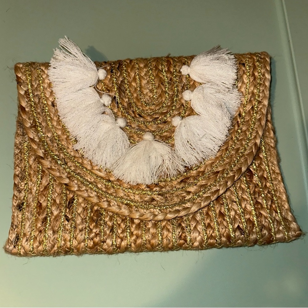 Woven Tan Clutch with White Tassels